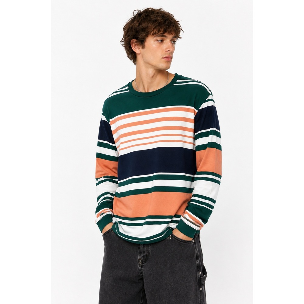 PacSun Mens Striped Long Sleeve Shirt L Green Navy Orange Skater Streetwear